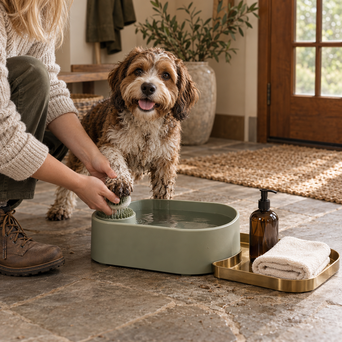 Roveitia FreshPaw After-Walk Station in an everyday pet-life setting